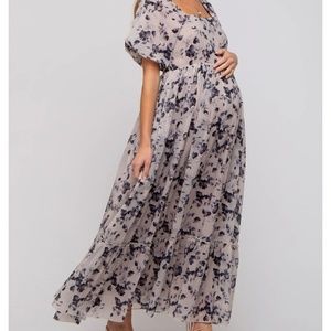 Pinkblush Navy Blue Floral Square Neck Short Puff Sleeve Maternity Maxi Dress